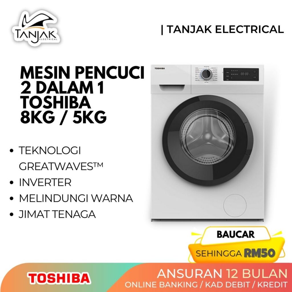 Toshiba 8KG5KG Inverter Front Load Washer Dryer 480mm TWD BK90S2M - Tanjak Electrical