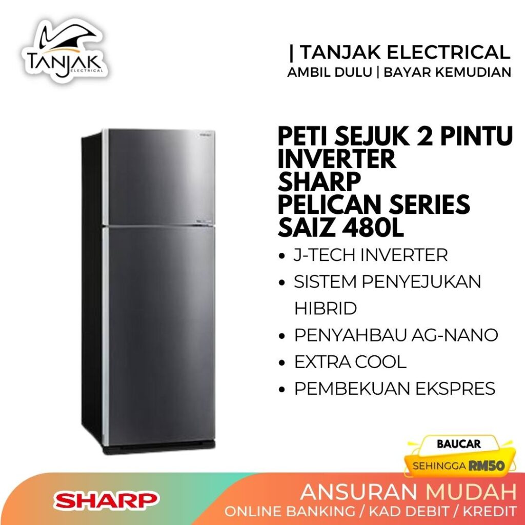 Sharp Refrigerator 2 Door 480L SJE5381MS Inverter Pelican Series